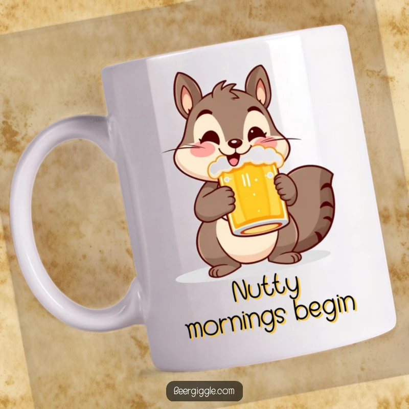 Funny mug featuring a cheerful squirrel character holding a beer mug, radiating joy and a love for good drinks.
