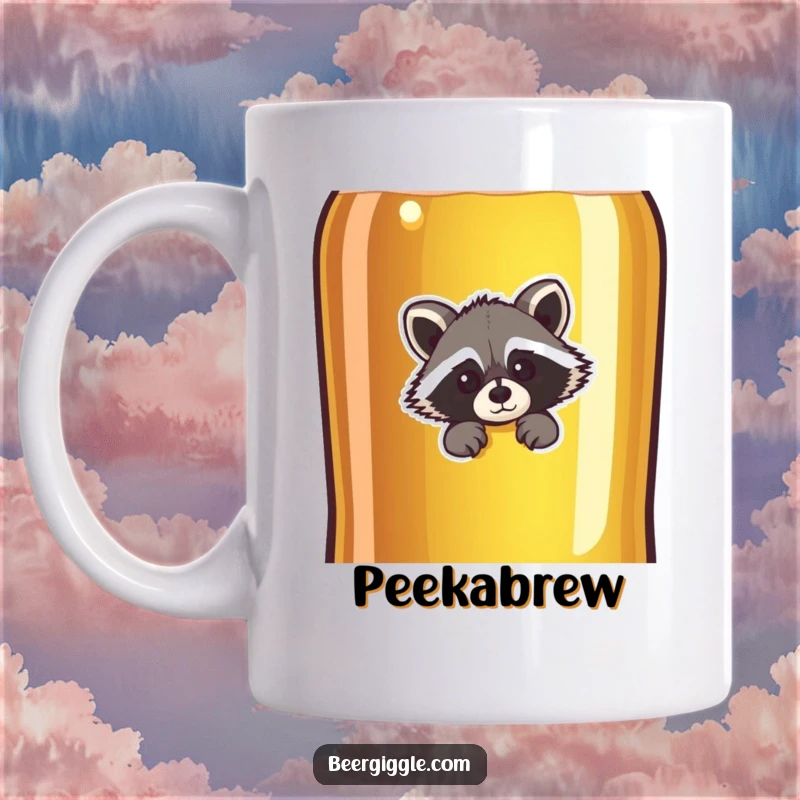 Funny raccoon character peeking from behind a giant beer bottle, a humorous mug design for lovers of stealth and beer.