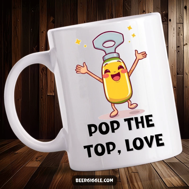 Funny bottle opener mug, happy, performing a celebratory jig, dancing, party, barware, humorous beverage holder.