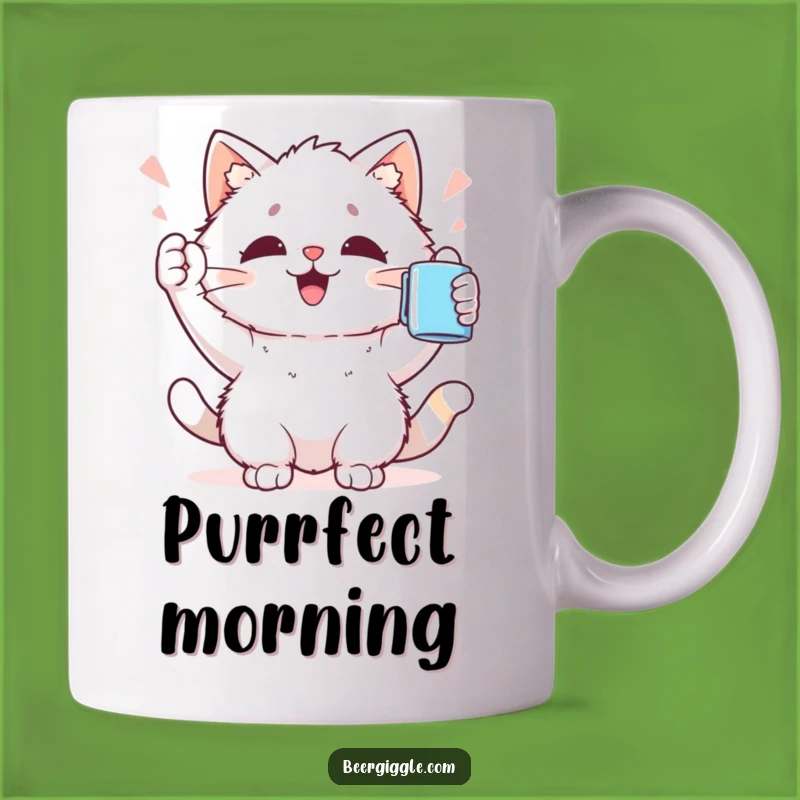 Funny Kawaii Cat Mug: Cheerful Cat Holding Mug Aloft, Perfect Funny Gift