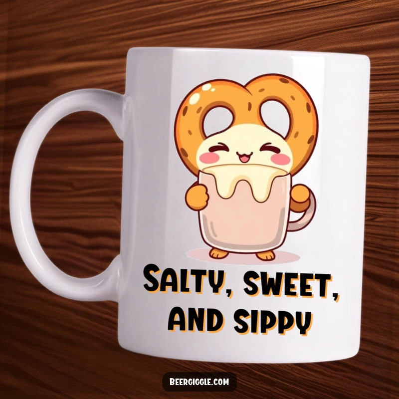 Funny kawaii pretzel character winking while balancing a frothy mug on a coffee mug, a delightful and humorous design. Great gift.
