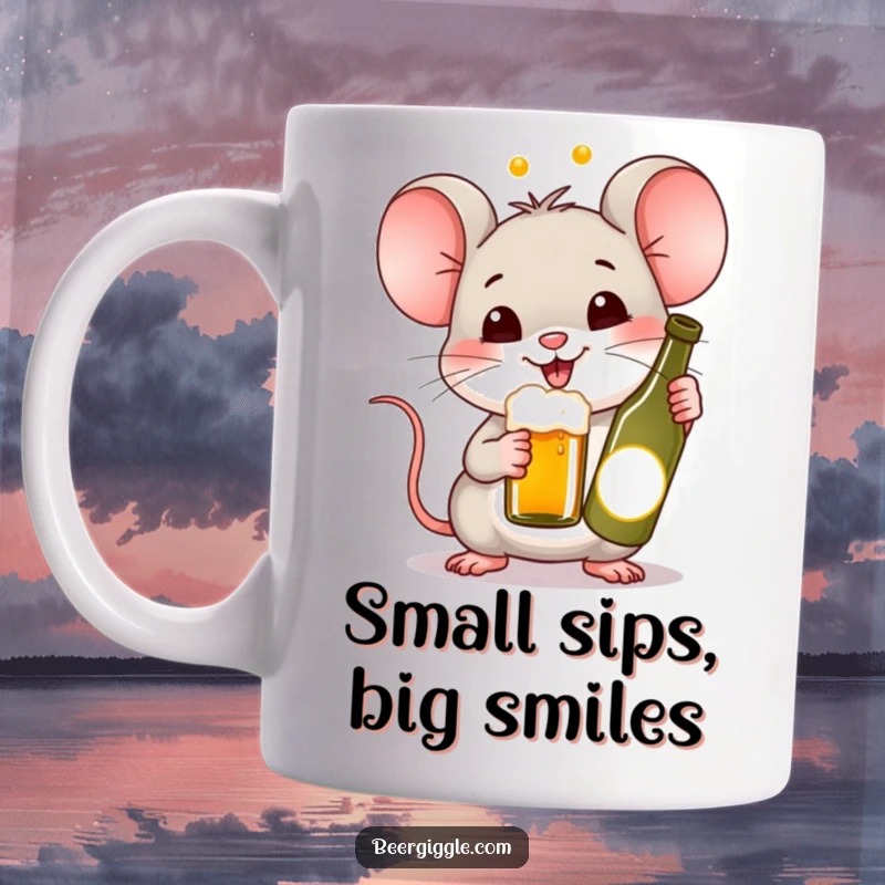 Funny Kawaii Mouse Beer Mug: A happy mouse cheering with a tiny beer bottle. Cute and humorous drinkware for little creature fans.