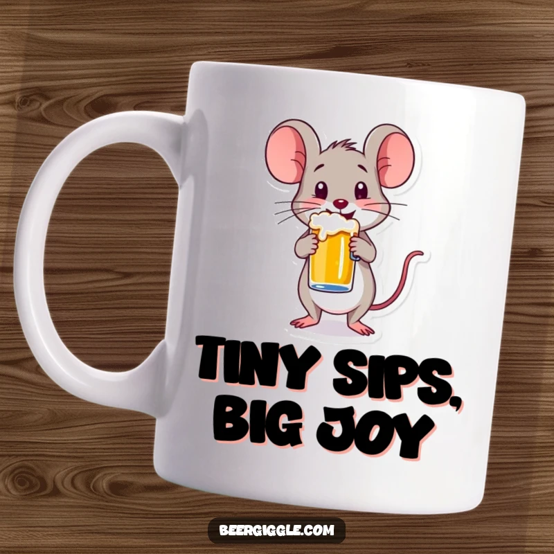 Funny mug featuring a happy mouse character precariously balancing a tiny beer mug, showcasing a moment of charming, humorous focus.