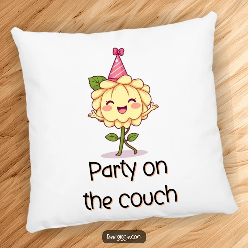 Funny hops flower pillow, cheerful, wearing a tiny party hat, dancing, decorative cushion, soft furnishing, humorous accent.
