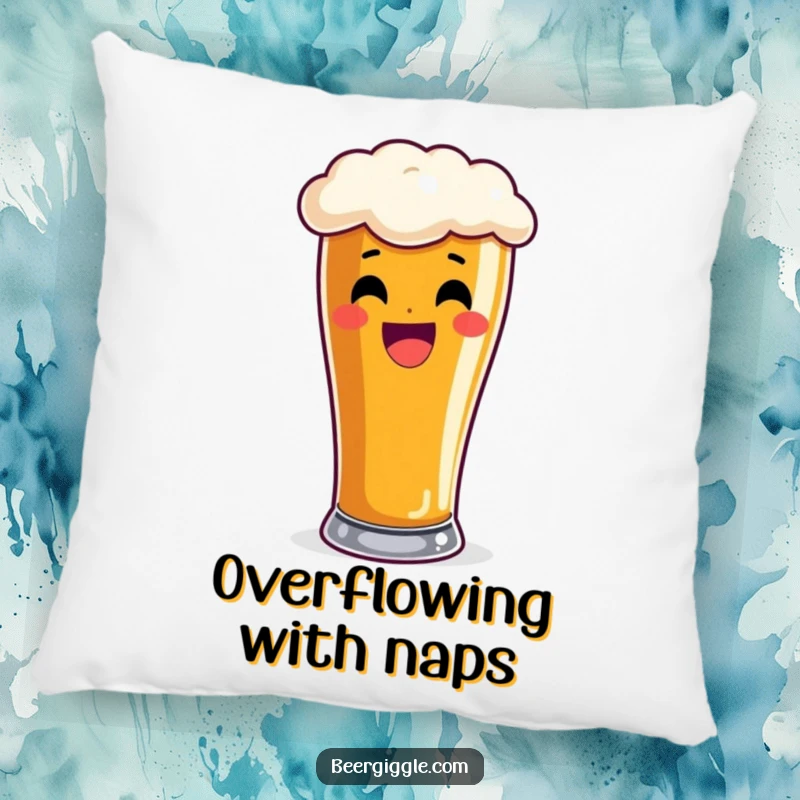 Funny pint glass pillow, delighted, overflowing with frothy beer, decorative cushion, soft furnishing, humorous accent.
