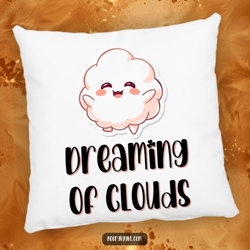 Funny kawaii foamy character giggling while floating upwards on a plush pillow, perfect for comfort. Humorous gift.
