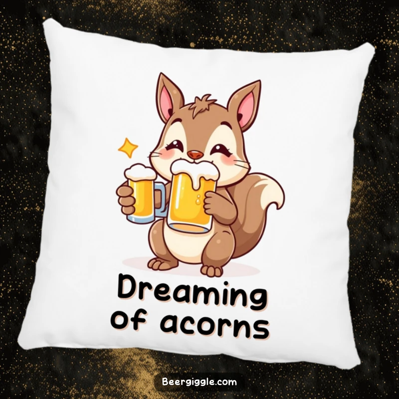 Funny pillow featuring a cheerful squirrel character holding a beer mug, bringing comfort and woodland whimsy.