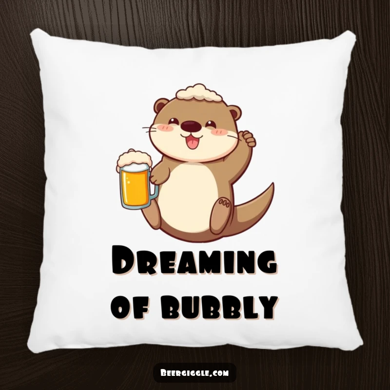 Funny Pillow featuring a cheerful otter floating on its back with a beer mug, providing soft humor and comfort.