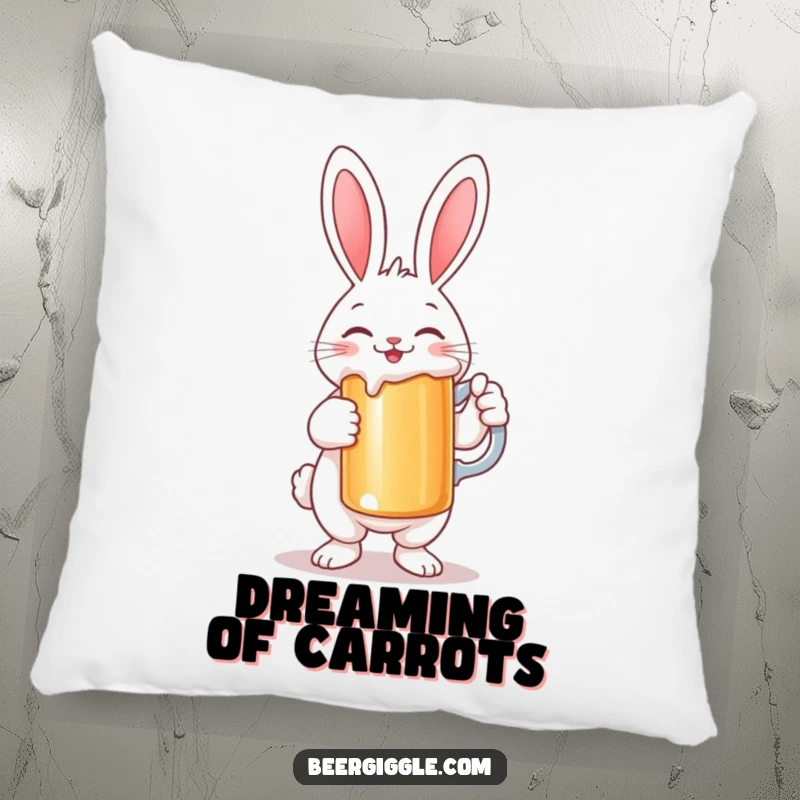 Funny Rabbit Pillow: A plush pillow featuring a smiling rabbit character holding a large stein, perfect for comfort and smiles.