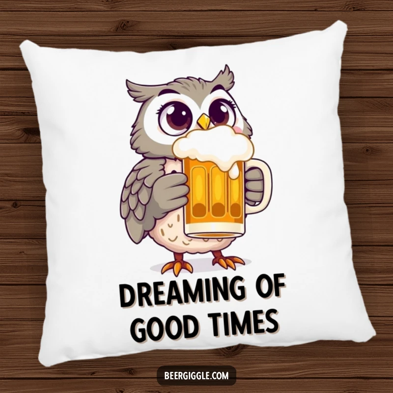 Funny owl with wide, delighted eyes holding a beer stein, offering cozy comfort and hilarious charm on this decorative pillow.