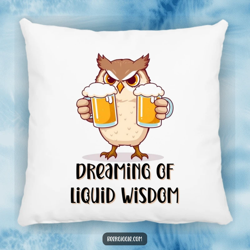Funny Owl Pillow: A determined owl character attempting to balance two beer mugs, soft and cuddly.