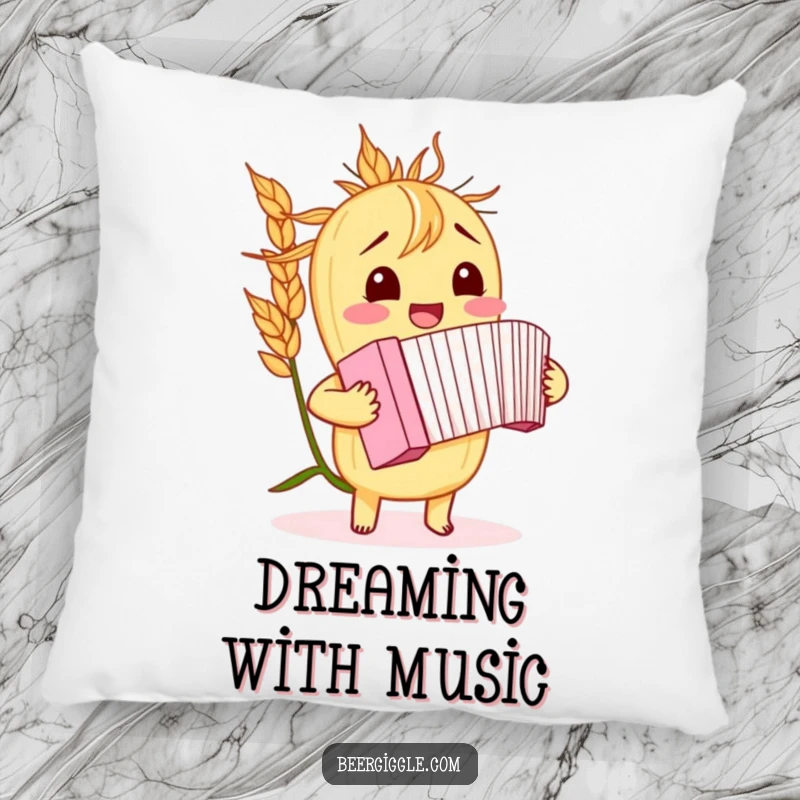 Funny barley stalk pillow, giggling, playing a miniature accordion, decorative cushion, soft furnishing, humorous accent.