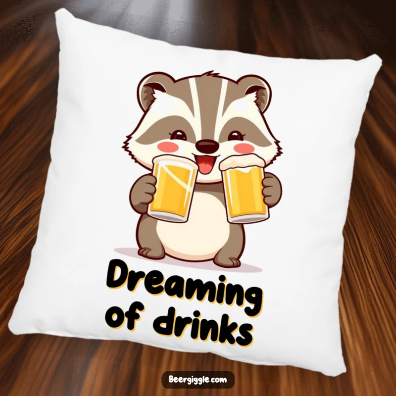 Funny Badger Toast Pillow: A soft pillow featuring a cheerful badger toasting with two mugs, perfect for funny decor.