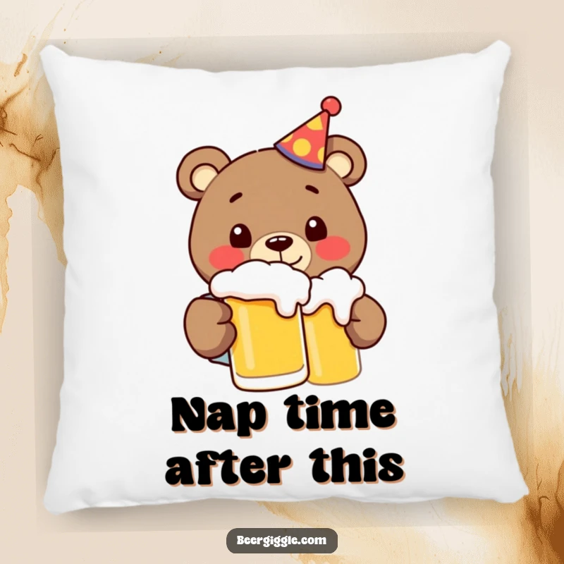 Funny bear in a party hat, contentedly chugging beer, offering cozy comfort and hilarious vibes on this decorative pillow.