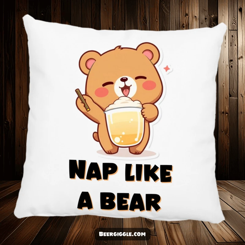 Funny Bear Winking Pillow: A soft pillow featuring a delighted bear winking with a foamy beverage, perfect for funny decor.