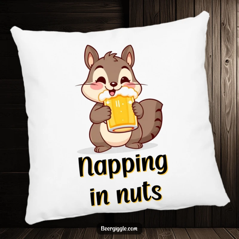 Funny pillow featuring a cheerful squirrel character holding a beer mug, perfect for adding cozy and humorous woodland vibes to sofas and beds.
