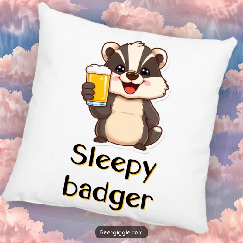 Funny pillow featuring a delighted badger character toasting with a beer, perfect for adding festive and humorous comfort to sofas and beds.