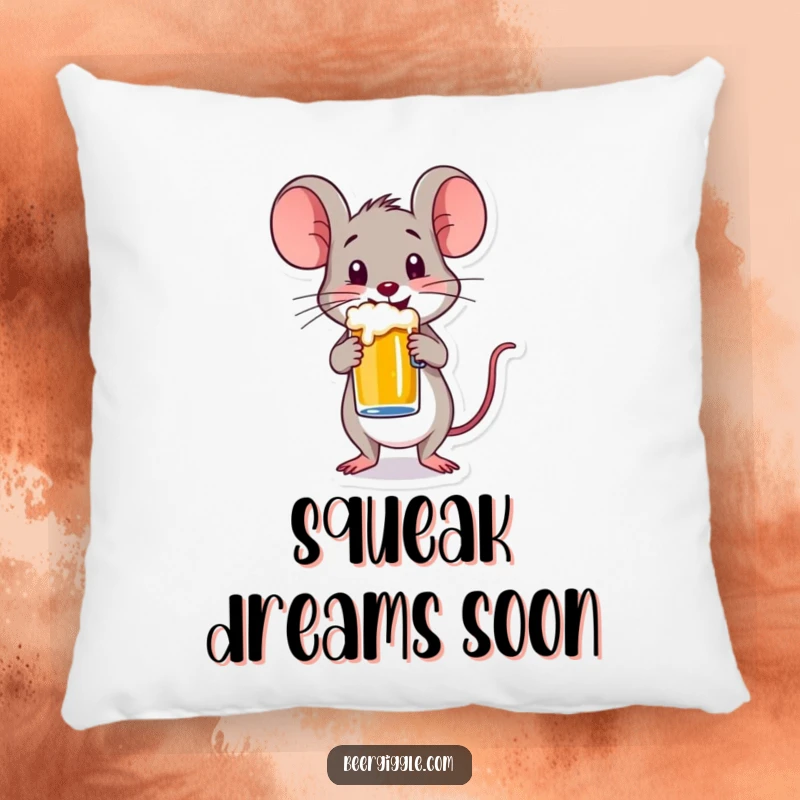 Funny pillow showing a happy mouse character balancing a small beer mug, perfect for adding cute and humorous comfort to any seating area.