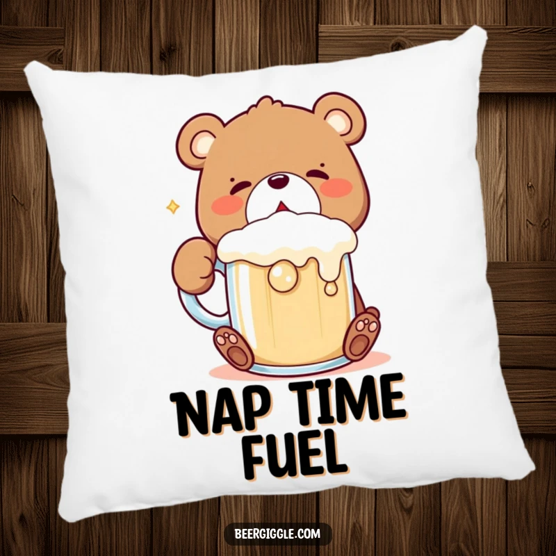 Funny Kawaii Bear Pillow: Fluffy pillow shows a cute bear gulping a frothing mug, bringing cozy, humorous vibes.
