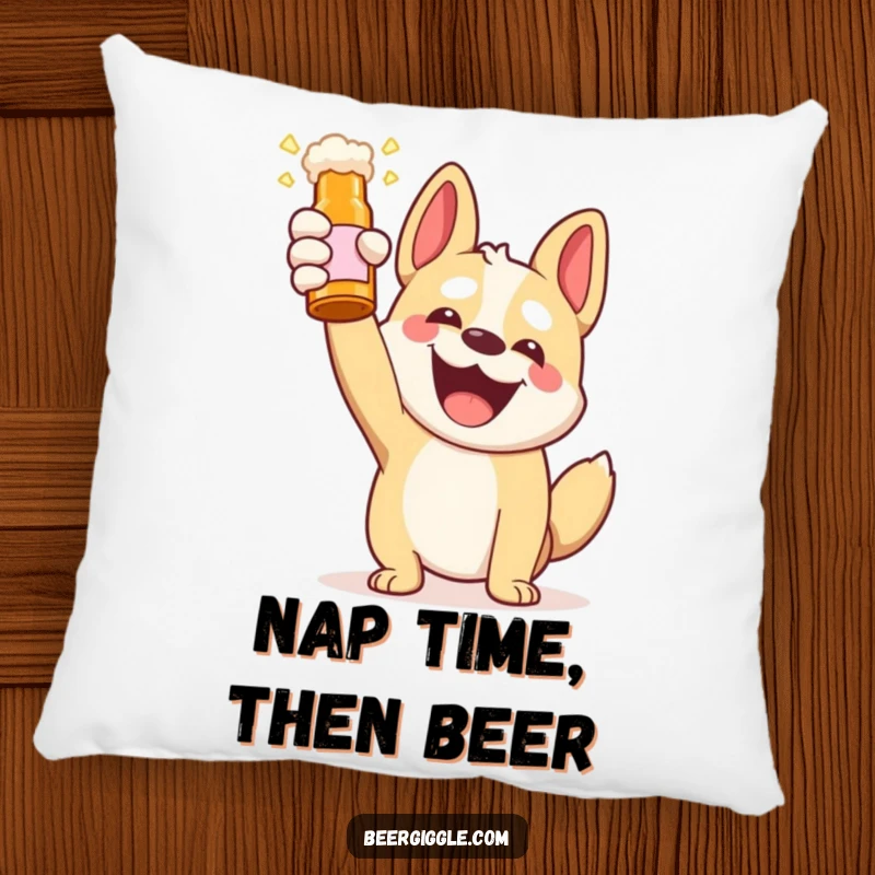 Funny Kawaii Dog Beer Toast Pillow: A cute dog enthusiastically holding a beer bottle in mid-toast. Soft and humorous home accent.
