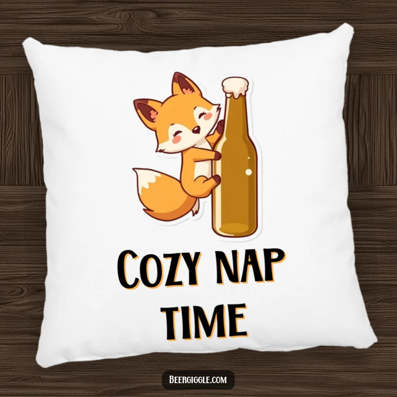 Funny Kawaii Fox Pillow: Fluffy pillow shows a cute fox sliding down a beer bottle, bringing cozy comfort and humorous fun.