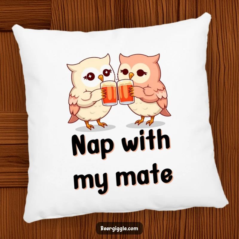 Funny kawaii owl mugs pillow with twinkling owls clinking, offering soft comfort and symbolizing friendship.