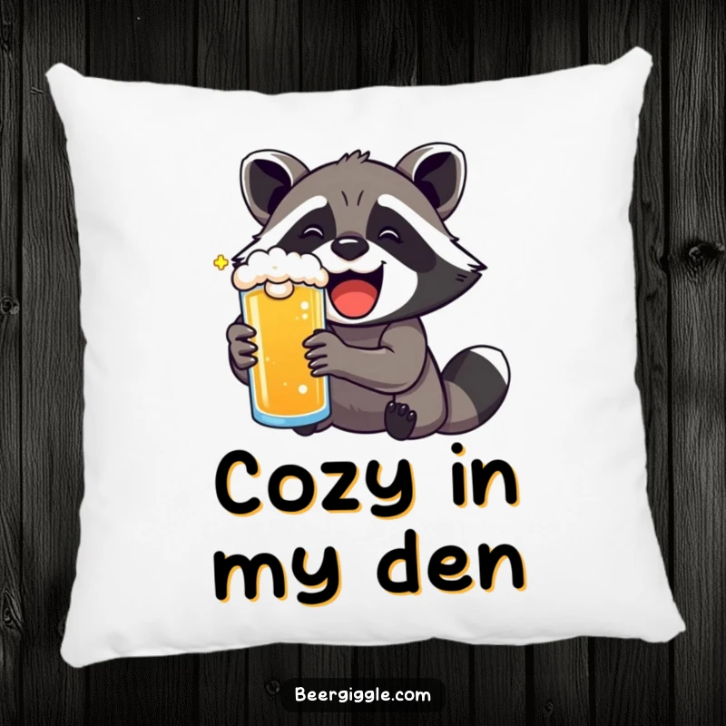 Funny kawaii raccoon character with exaggerated delight drinking a beer on a soft pillow.