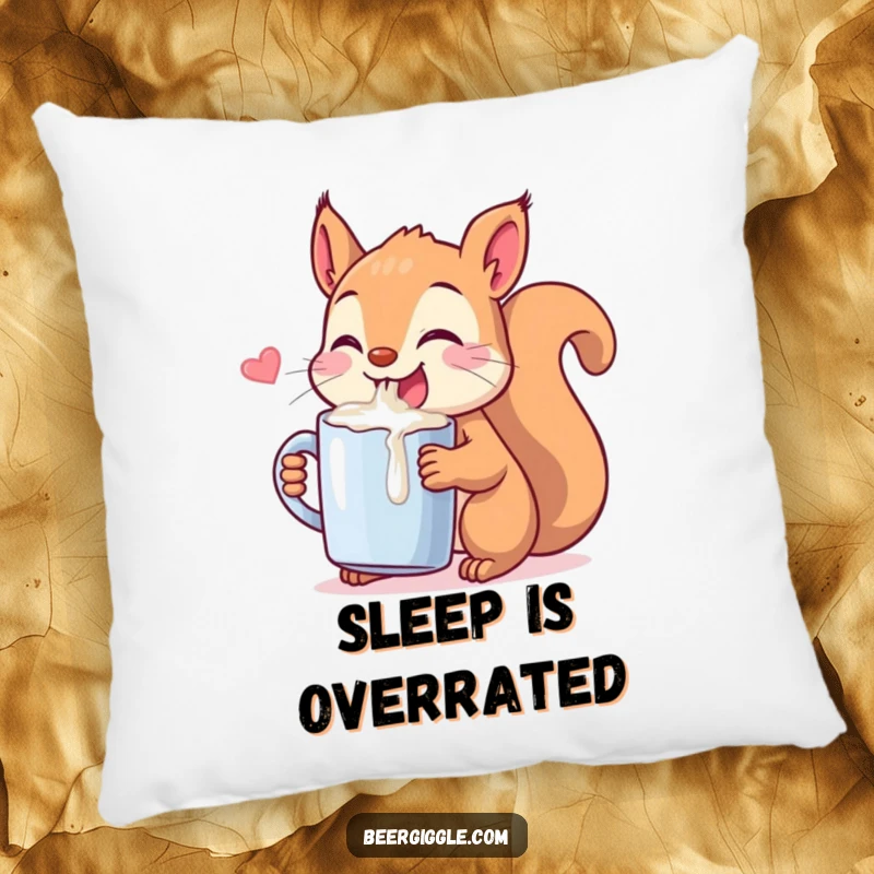 Funny Kawaii Squirrel Chugging Pillow: A playful squirrel guzzling from a tiny mug. Soft and humorous home accessory for cheerful rooms.