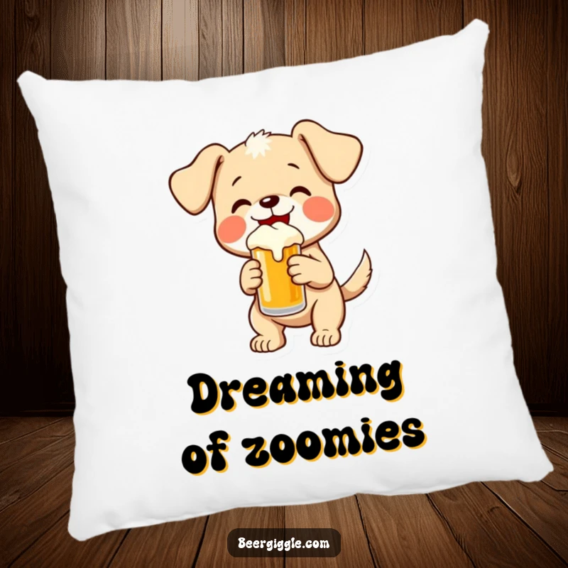 Funny puppy wagging its tail, holding a small beer, offering cozy comfort and hilarious charm on this decorative pillow.