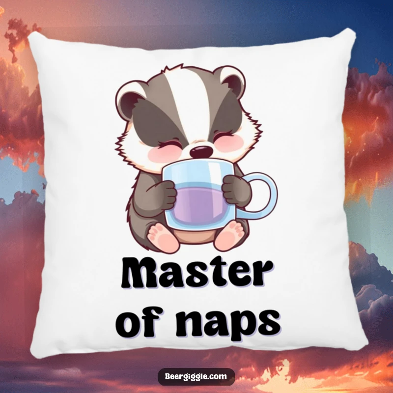 Funny Badger Pillow: A sleepy badger character nodding off contentedly with a half-empty beer mug.