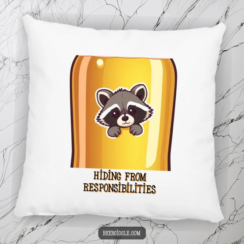Funny raccoon character peeking behind a giant beer bottle, soft and decorative pillow, perfect for adding humor to furniture.