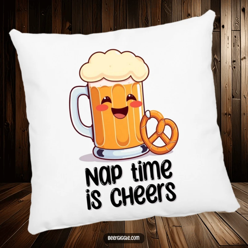 Funny beer mug pillow, grinning, toasting with a tiny pretzel, decorative cushion, soft furnishing, humorous accent.