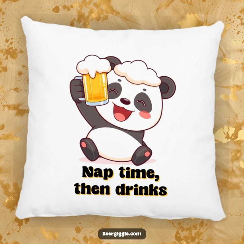 Funny panda pillow with a cheerful character raising a frothy beer stein, ideal for sofa decor.