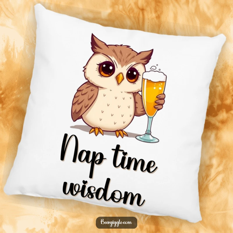 Funny pillow featuring a curious owl character captivated by a beer glass, offering cozy humor for relaxation.