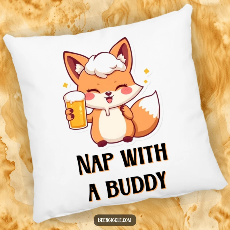 Funny kawaii fox character winking with a beer, printed on a soft pillow for humorous comfort.