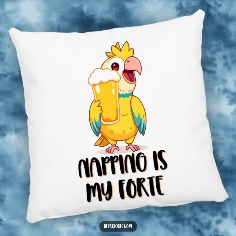 Funny Pillow featuring a happy parrot mimicking a toast with a beer, providing colorful comfort and humor.