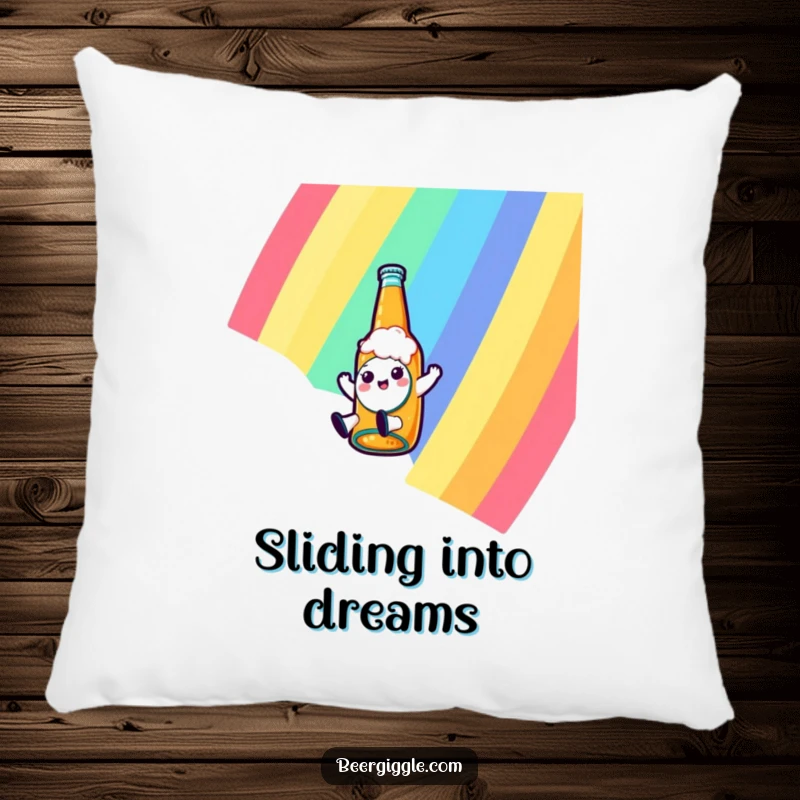 Funny kawaii beer bottle character sliding down a rainbow on a soft pillow, offering comfort and a touch of playful charm.