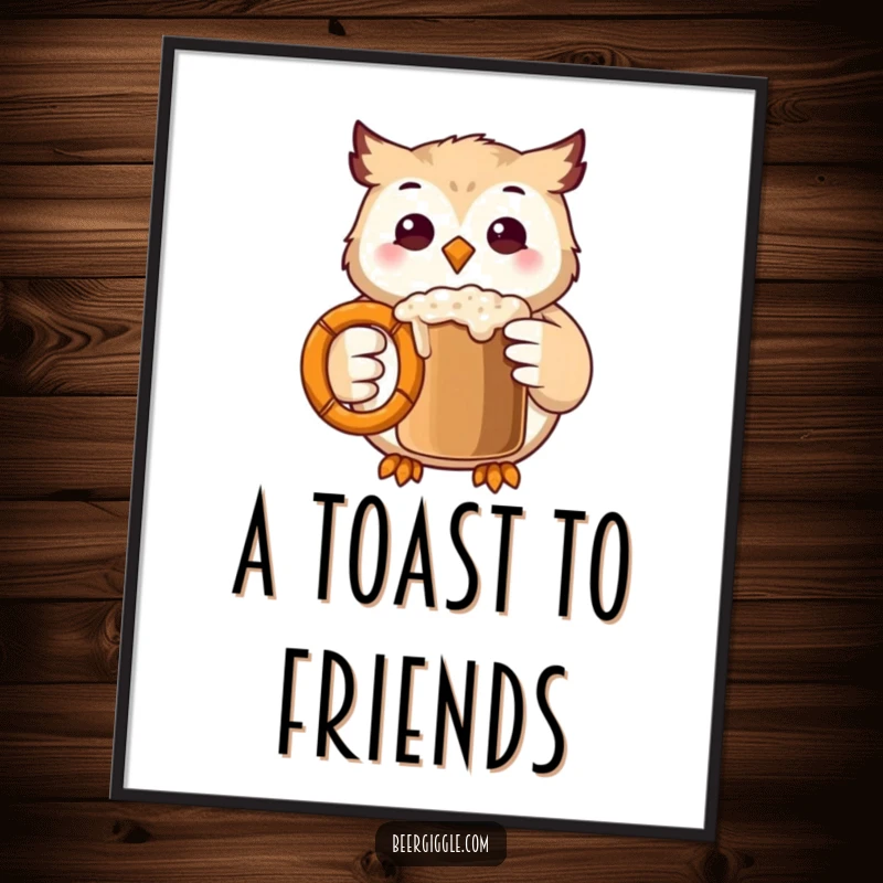 Funny Kawaii Owl Digital Art Print: Charming owl character clinks a pretzel mug; printable art for instant humor.