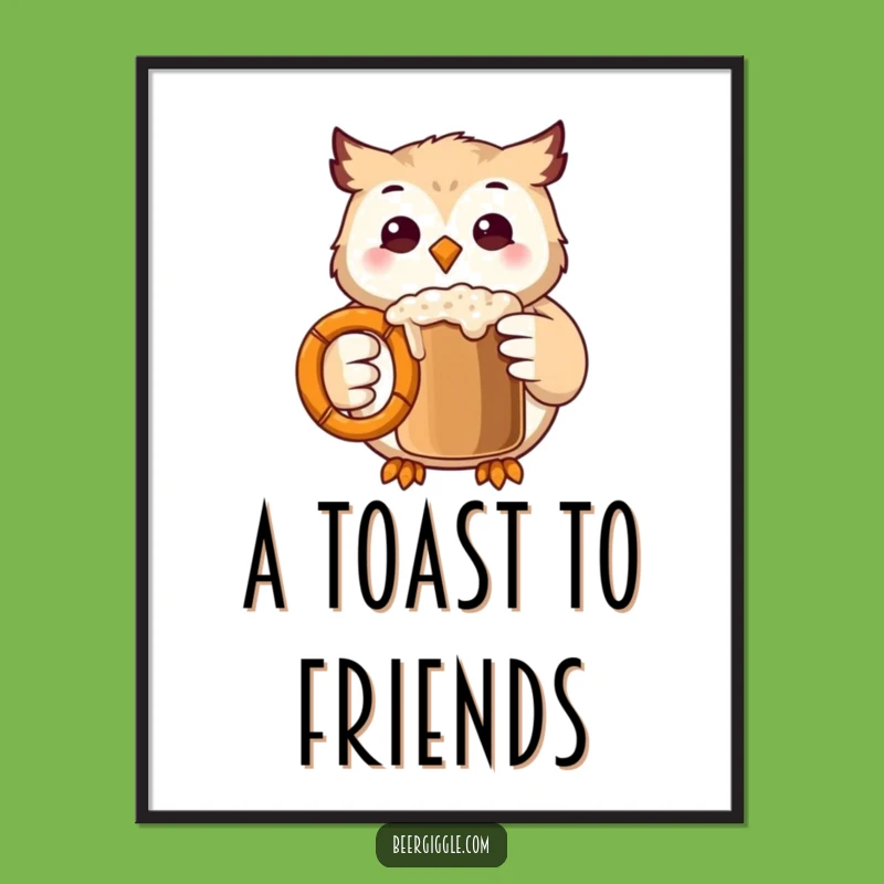 Funny Kawaii Owl Digital Art: Printable Owl Clinking Pretzel Mug, Instant Gift