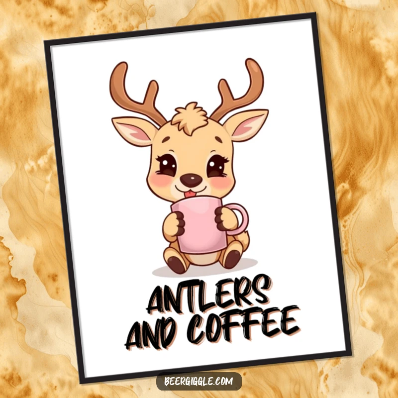 Funny deer character smiling with an antler mug, digital art file, perfect for printing and wall decoration.