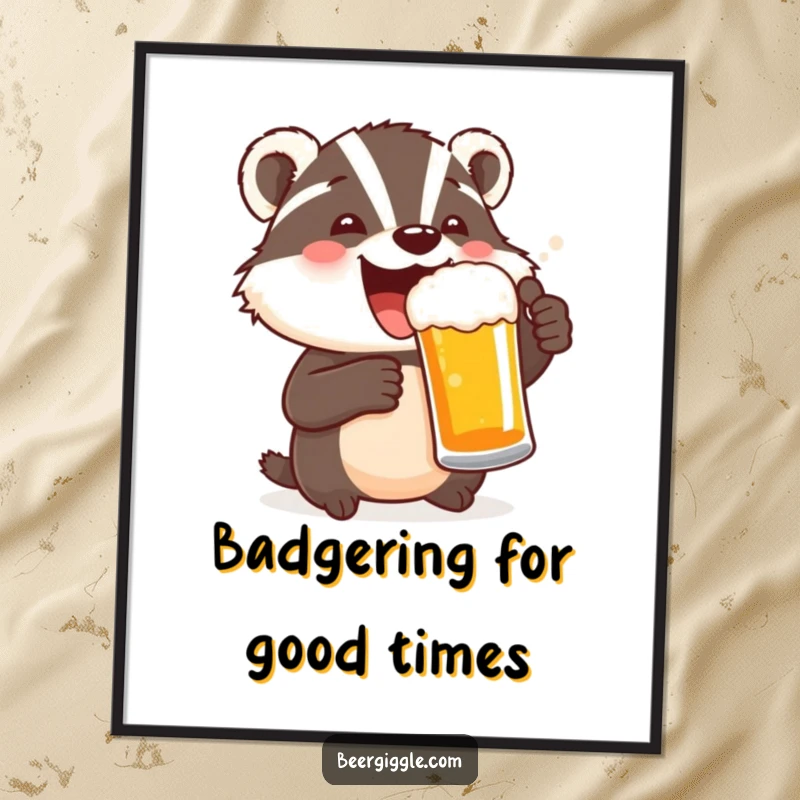 Funny digital art print of a delighted badger character toasting with a beer mug, bringing instant festive joy.