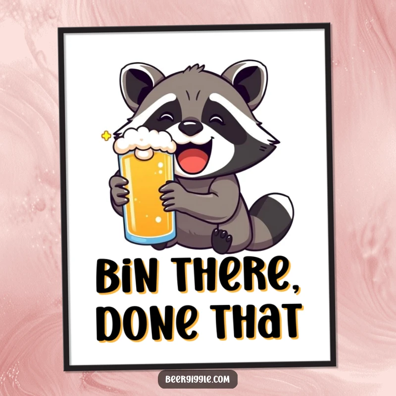 Funny kawaii raccoon with exaggerated delight drinking a beer, available as a high-resolution digital art print.