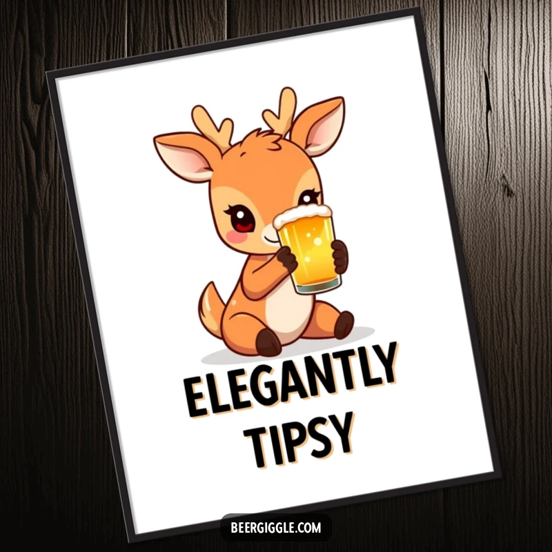 Funny Digital Art Print of a charming deer delicately holding a frothy beer glass, capturing a moment of quiet enjoyment.