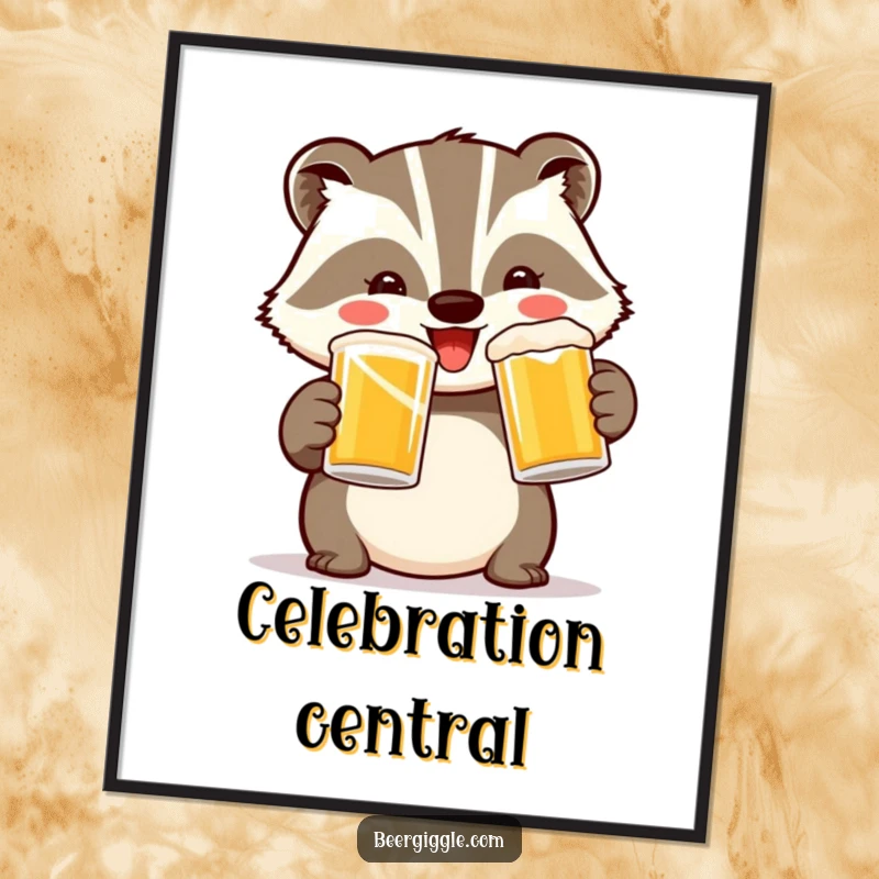 Funny Badger Toast Digital Art: A cheerful badger holding two mugs in a toast, perfect for hilarious digital display.