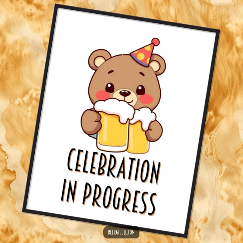 Funny bear in a party hat, gleefully chugging beer, available as a digital art print for humorous, festive decor.