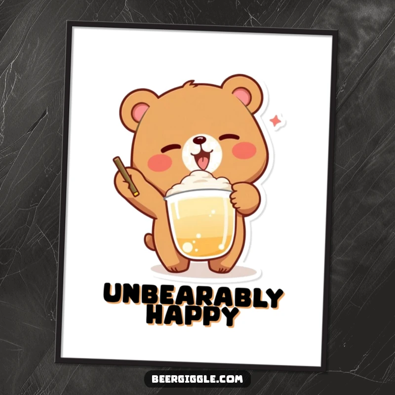 Funny Bear Winking Digital Art: A delighted bear winks while balancing a foamy beverage, perfect for hilarious digital display.