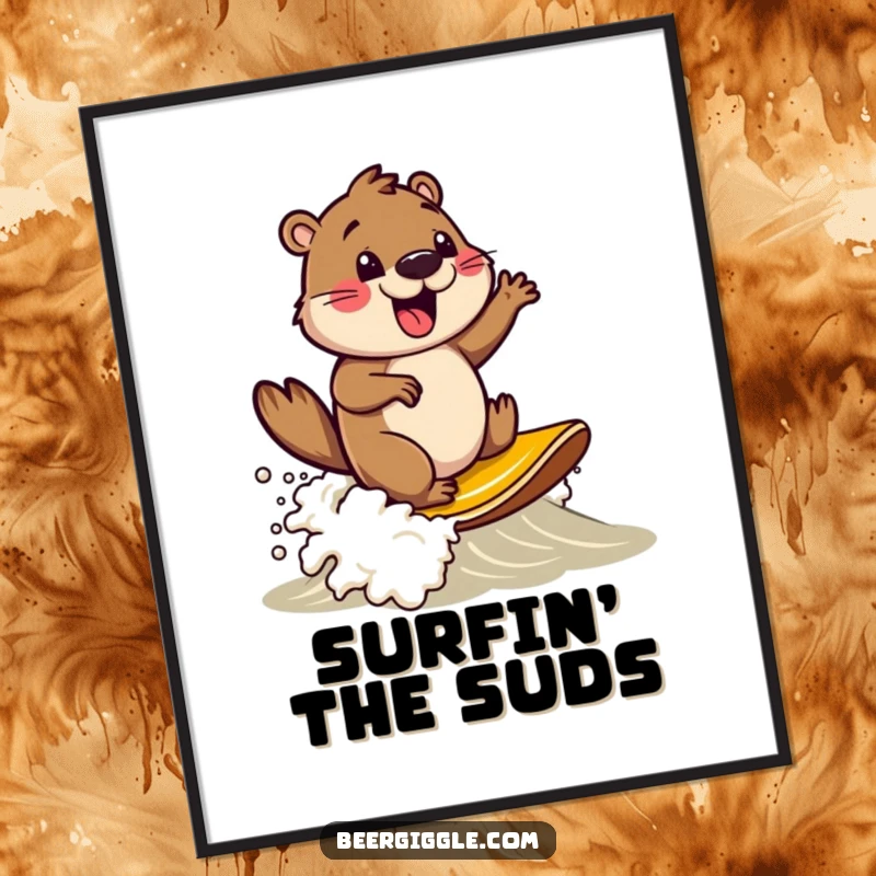 Funny beaver character surfing on a beer foam wave, digital art file, perfect for printing and wall decoration.