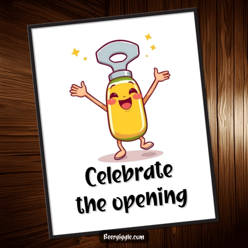 Funny bottle opener digital art, happy, performing a celebratory jig, printable wall art, humorous graphic download.