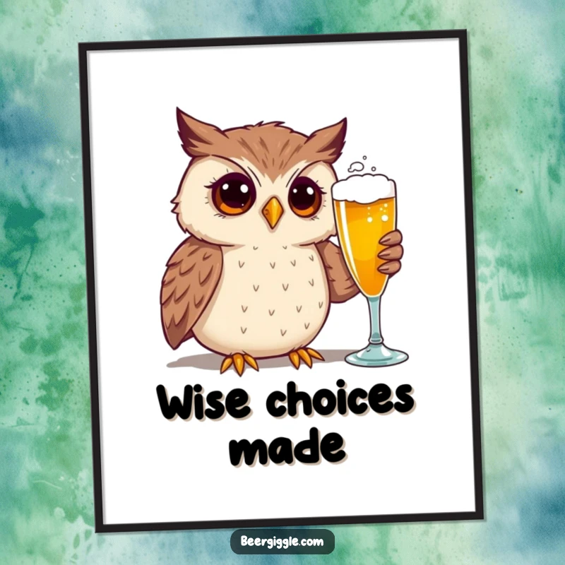 Funny digital art print of a curious owl intently admiring a beer glass, ready to brighten any digital space.