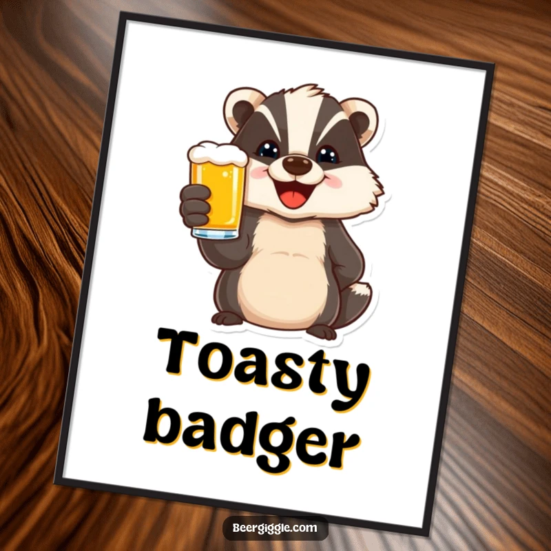 Funny digital art print of a delighted badger character toasting with a beer, ready for instant download and festive display.